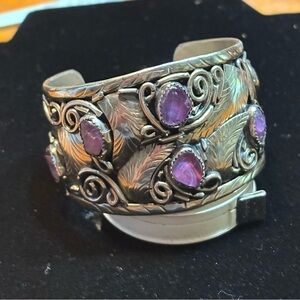 Native American Navajo? Mexican ? cuff bracelet amethyst stones feather design